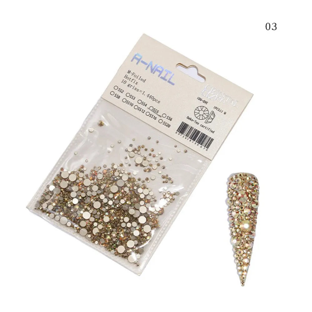 Lot de 1 440 pierres précieuses décoratives pour nail art 3D, tailles variées, non thermocollantes