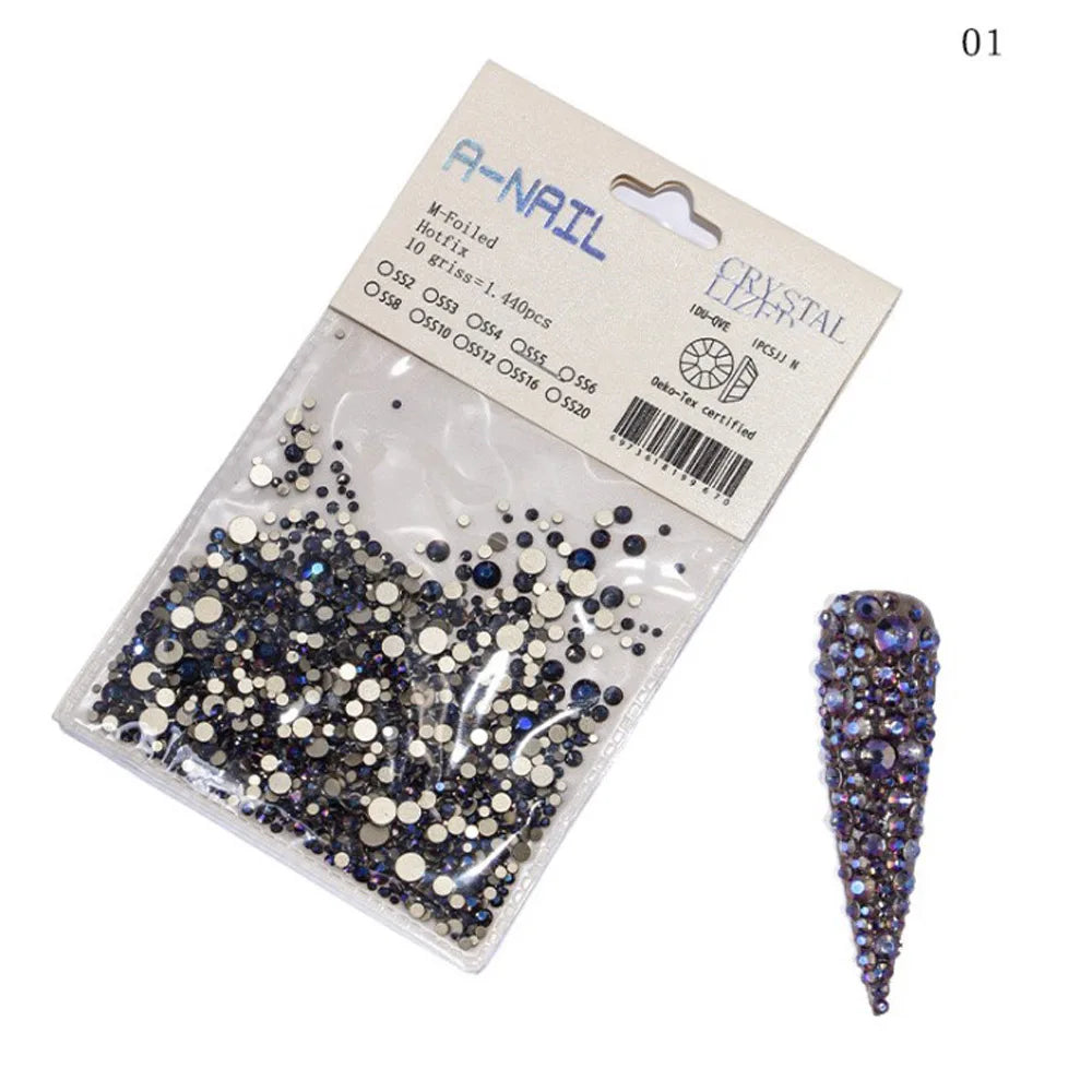 Lot de 1 440 pierres précieuses décoratives pour nail art 3D, tailles variées, non thermocollantes