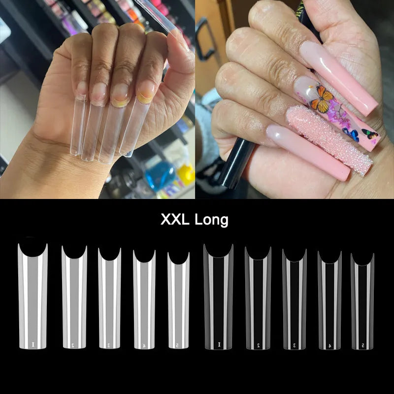 Lot de 500 faux ongles longs et droits, longueur XXL, courbe en C, transparents, demi-couverture