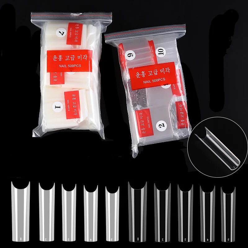 Lot de 500 faux ongles longs et droits, longueur XXL, courbe en C, transparents, demi-couverture
