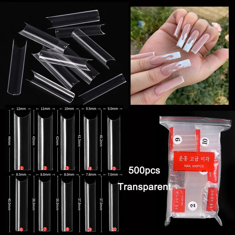 Lot de 500 faux ongles longs et droits, longueur XXL, courbe en C, transparents, demi-couverture