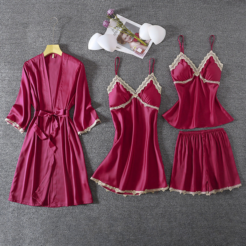 Ensemble de pyjama 4 pièces en satin de soie pour femme | Pyjama en satin de soie de haute qualité | Ensemble luxe satin de soie femme | Vêtements de nuit chic et élégant en satin | Pyjama confortable en satin pour femme | Pyjama 4 pièces avec robe de chambre et masque de sommeil | Ensemble de pyjama respirant et léger | Pyjama satin de soie élégant pour nuit paisible | Vêtements de détente en satin de soie pour femme | Pyjama luxe satin pour soirées relaxantes