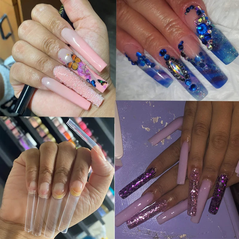 Lot de 500 faux ongles longs et droits, longueur XXL, courbe en C, transparents, demi-couverture