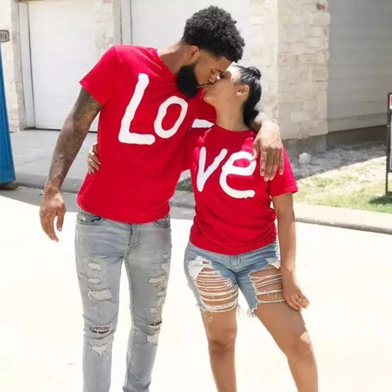 LO VE red casual cotton women's men's t-shirt short sleeve round neck tops