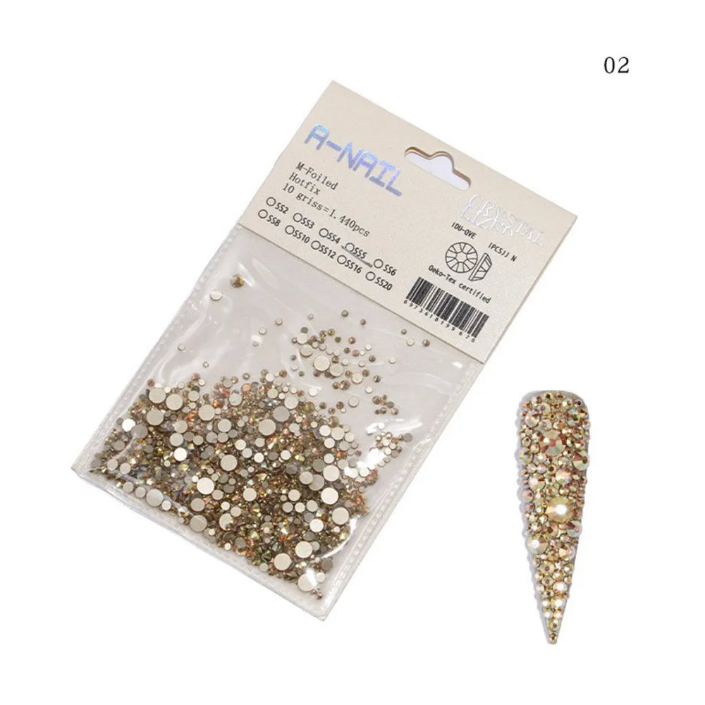 Lot de 1 440 pierres précieuses décoratives pour nail art 3D, tailles variées, non thermocollantes
