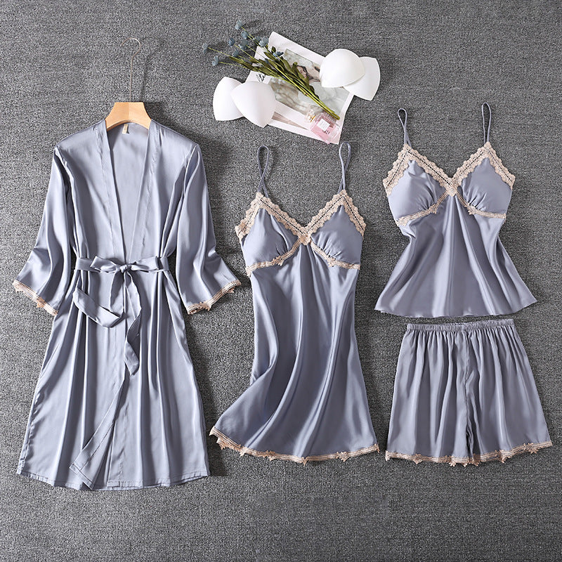 Ensemble de pyjama 4 pièces en satin de soie pour femme | Pyjama en satin de soie de haute qualité | Ensemble luxe satin de soie femme | Vêtements de nuit chic et élégant en satin | Pyjama confortable en satin pour femme | Pyjama 4 pièces avec robe de chambre et masque de sommeil | Ensemble de pyjama respirant et léger | Pyjama satin de soie élégant pour nuit paisible | Vêtements de détente en satin de soie pour femme | Pyjama luxe satin pour soirées relaxantes