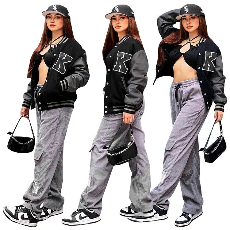 Veste style baseball femme manches en cuir | Veste varsity automne hiver femme | Blouson universitaire féminin tendance | Veste chaude avec manches contrastantes pour femme | Veste rétro femme look décontracté | Manteau femme inspiration collège américain | Blouson femme mode sport chic | Veste doublée femme style universitaire | Veste casual à boutons pression femme | Veste oversize femme manches imitation cuir