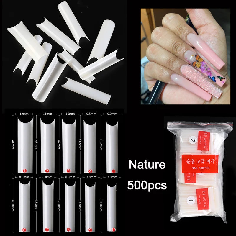 Lot de 500 faux ongles longs et droits, longueur XXL, courbe en C, transparents, demi-couverture