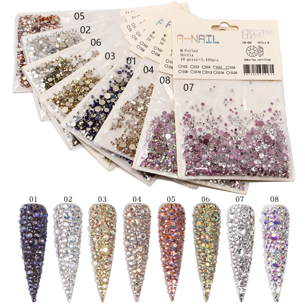 Lot de 1 440 pierres précieuses décoratives pour nail art 3D, tailles variées, non thermocollantes
