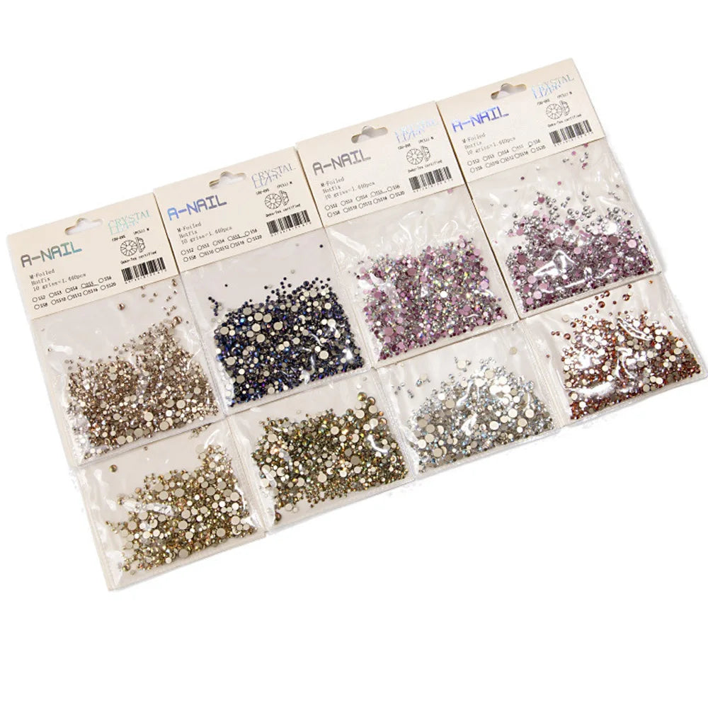 Lot de 1 440 pierres précieuses décoratives pour nail art 3D, tailles variées, non thermocollantes