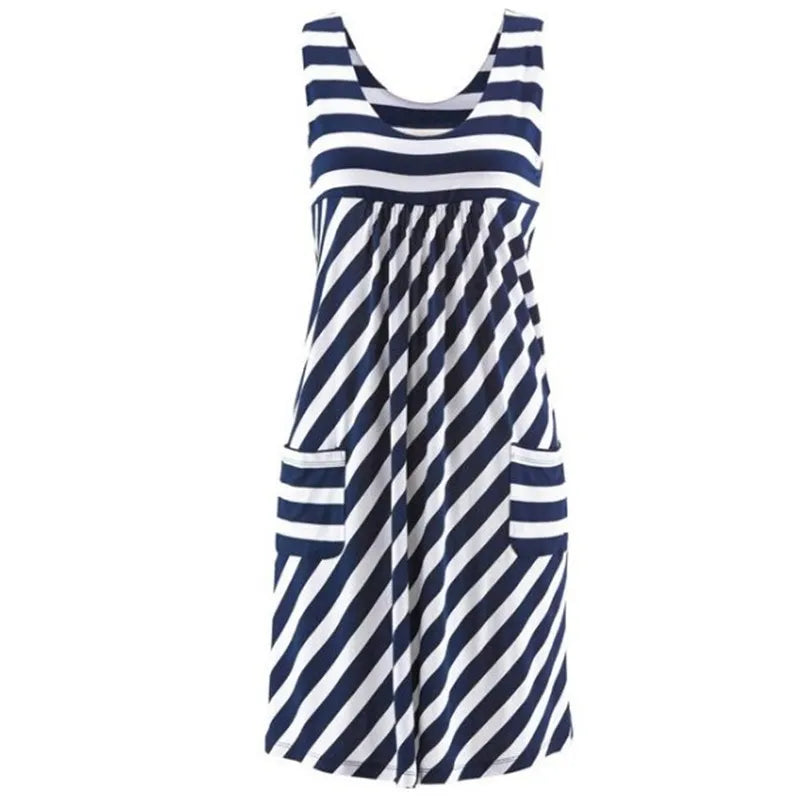 Women's Fashionable Striped Summer Dress, Loose, Simple, Sleeveless