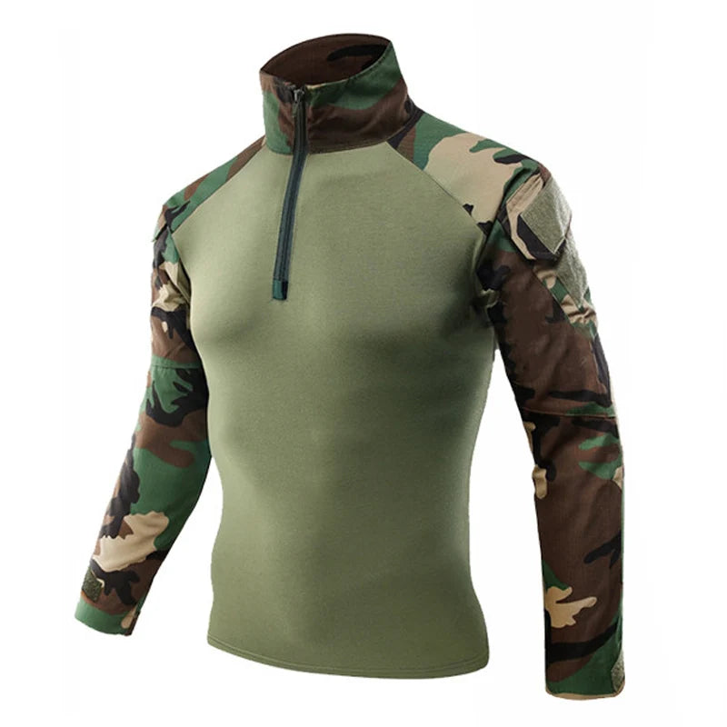 Chemise militaire camouflage unisexe | Vêtement tactique camouflage pour hommes et femmes | Chemise camouflage résistante pour extérieur | T-shirt militaire avec motif camouflage | Vêtement de combat tactique confortable | Chemise camouflage avec poches pratiques | T-shirt militaire léger pour activités extérieures | Chemise robuste pour les sports de plein air | Chemise camouflage avec coutures renforcées | Chemise unisexe tactique et durable