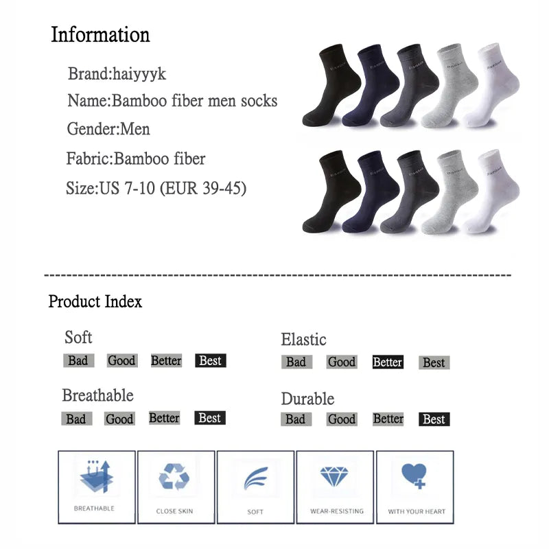 Lot de 10 paires de chaussettes en fibre de bambou pour homme, style décontracté et antibactérien