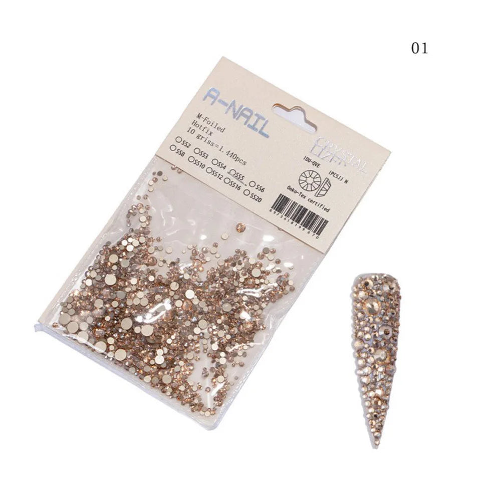Lot de 1 440 pierres précieuses décoratives pour nail art 3D, tailles variées, non thermocollantes