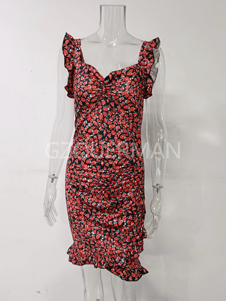 Women's Sexy V-Neck Floral Print Pencil Dress Sleeveless Outfit