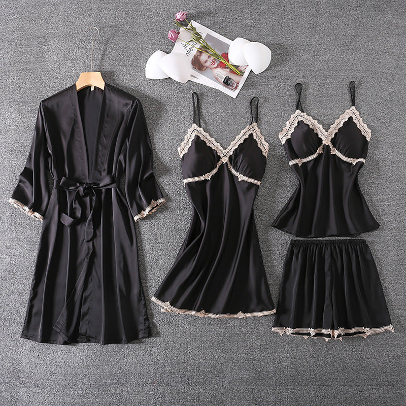 Ensemble de pyjama 4 pièces en satin de soie pour femme | Pyjama en satin de soie de haute qualité | Ensemble luxe satin de soie femme | Vêtements de nuit chic et élégant en satin | Pyjama confortable en satin pour femme | Pyjama 4 pièces avec robe de chambre et masque de sommeil | Ensemble de pyjama respirant et léger | Pyjama satin de soie élégant pour nuit paisible | Vêtements de détente en satin de soie pour femme | Pyjama luxe satin pour soirées relaxantes