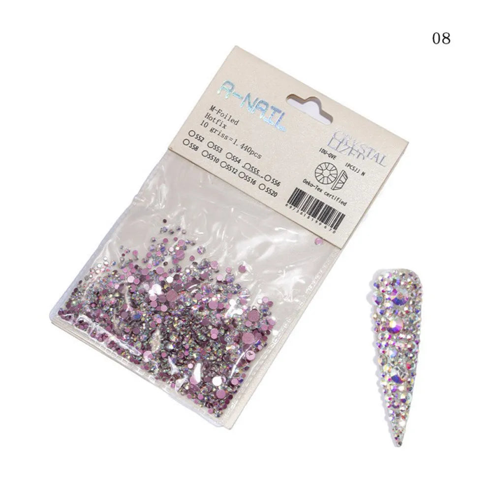 Lot de 1 440 pierres précieuses décoratives pour nail art 3D, tailles variées, non thermocollantes