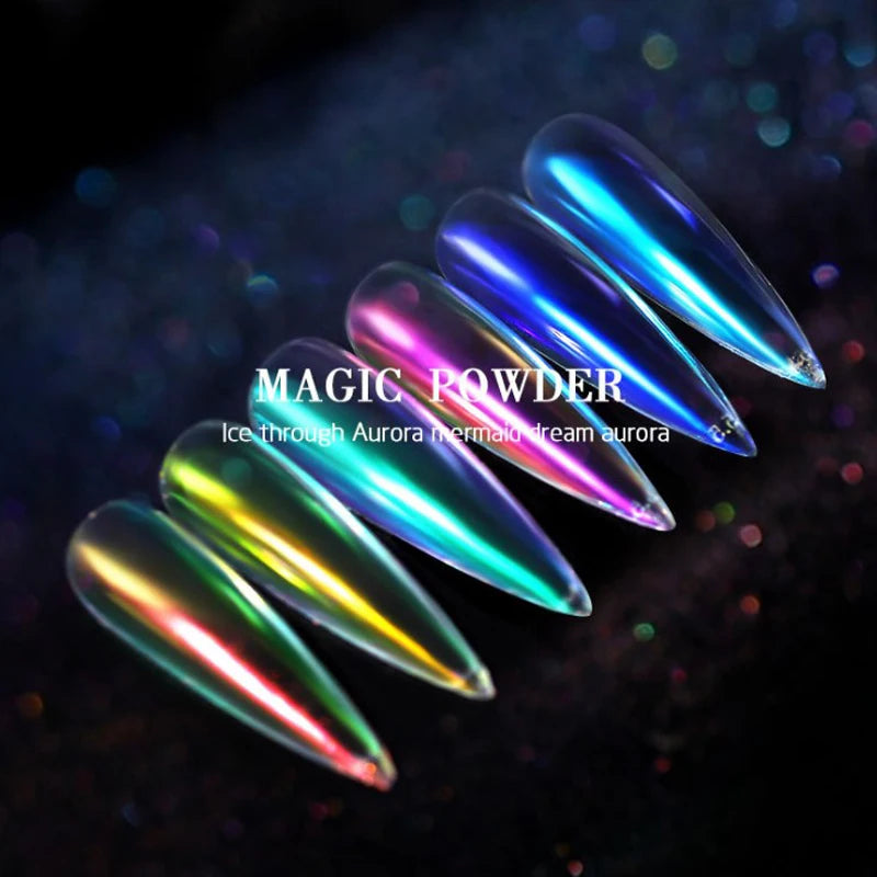 Poudre à ongles effet miroir sirène transparente 6 couleurs, effet miroir