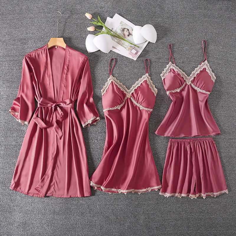 Ensemble de pyjama 4 pièces en satin de soie pour femme | Pyjama en satin de soie de haute qualité | Ensemble luxe satin de soie femme | Vêtements de nuit chic et élégant en satin | Pyjama confortable en satin pour femme | Pyjama 4 pièces avec robe de chambre et masque de sommeil | Ensemble de pyjama respirant et léger | Pyjama satin de soie élégant pour nuit paisible | Vêtements de détente en satin de soie pour femme | Pyjama luxe satin pour soirées relaxantes