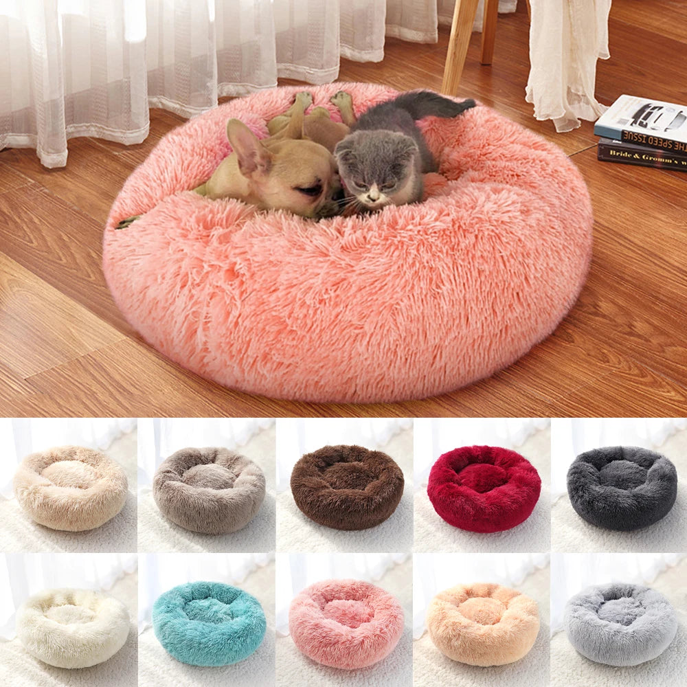 Lit pour chat en peluche long et rond, niche d'hiver douce et chaude pour chiots, 50/60/70 cm