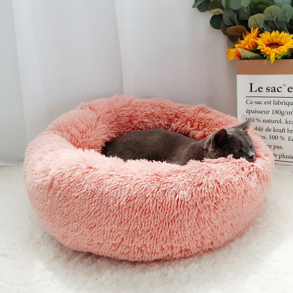 Lit pour chat en peluche long et rond, niche d'hiver douce et chaude pour chiots, 50/60/70 cm