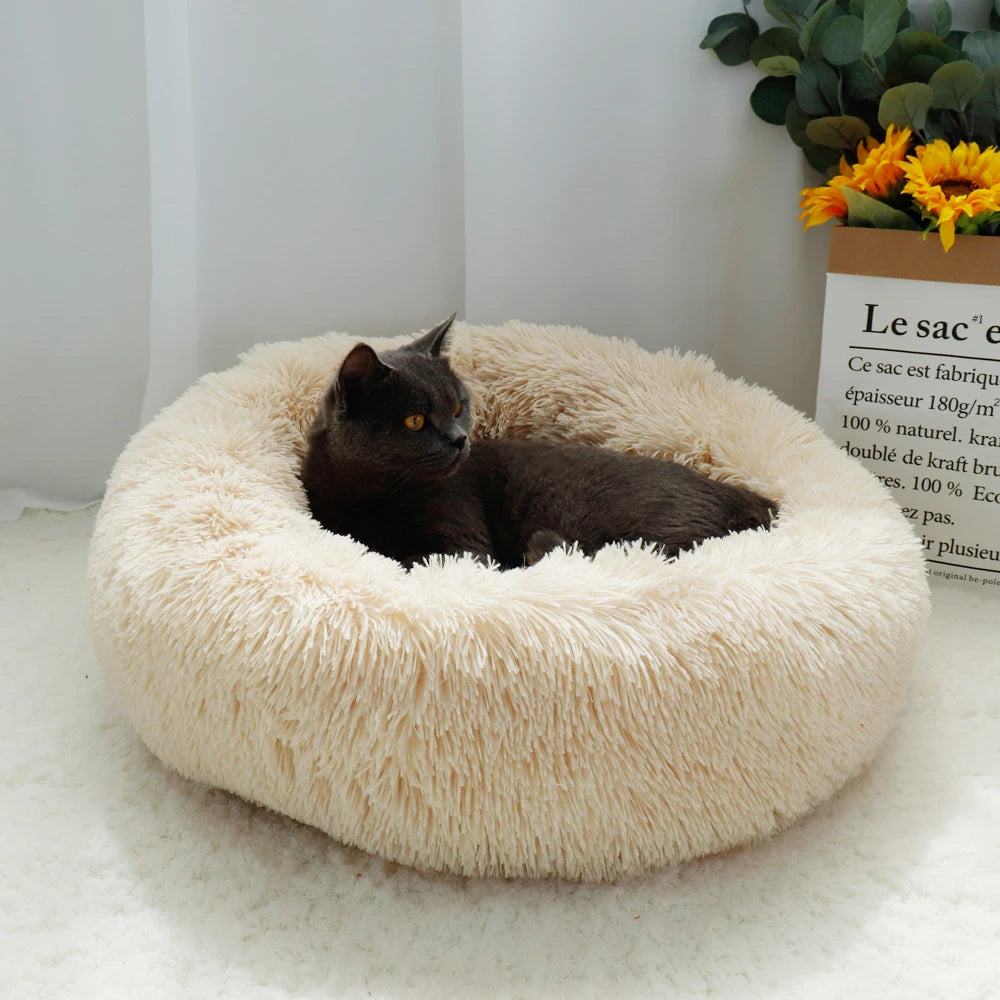 Lit pour chat en peluche long et rond, niche d'hiver douce et chaude pour chiots, 50/60/70 cm