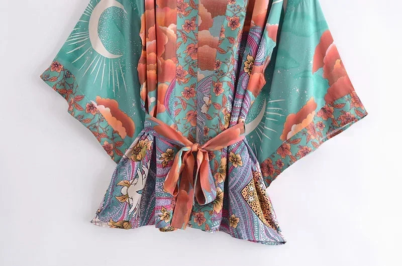 Robe kimono bohème à manches chauve-souris et imprimé floral pour femme, col en V