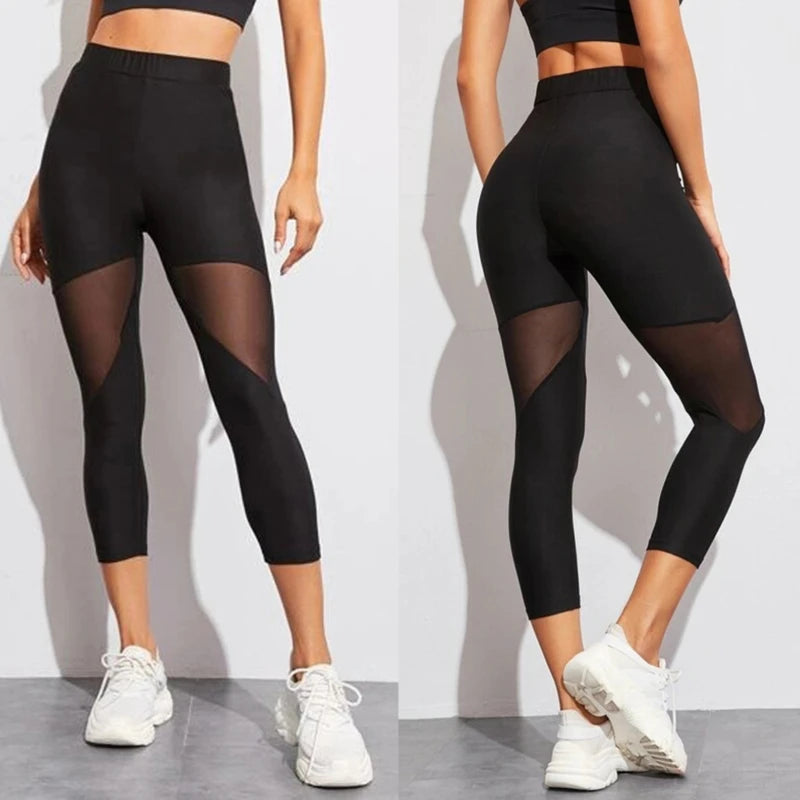 Women's Patchwork Mesh Leggings, Jeggings, Elastic Pants, Capris