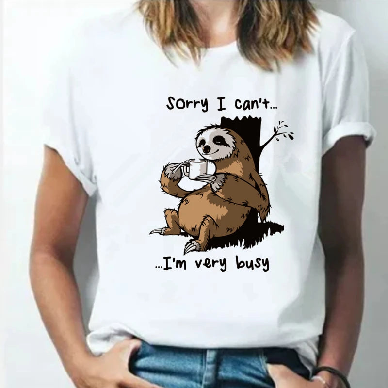Women's Plus Size Sloth Print T-Shirt, Short Sleeve, Round Neck