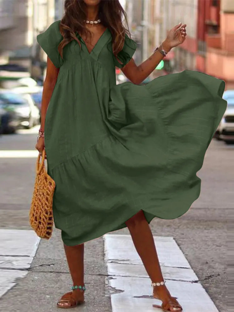 Women's Bohemian Summer Dress V Neck Ruffle Midi Asymmetrical Dress