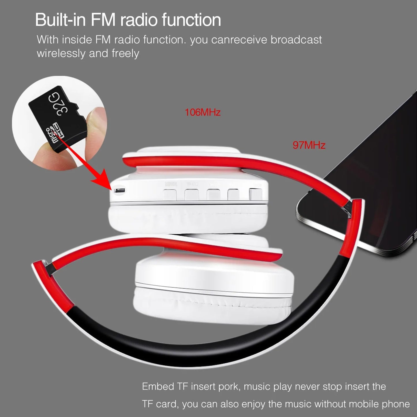 Casque Bluetooth stéréo pliable avec microphone et lecteur MP3