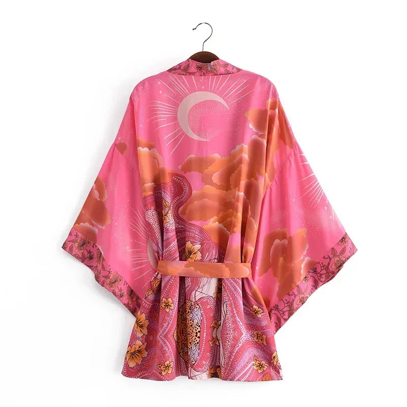 Robe kimono bohème à manches chauve-souris et imprimé floral pour femme, col en V