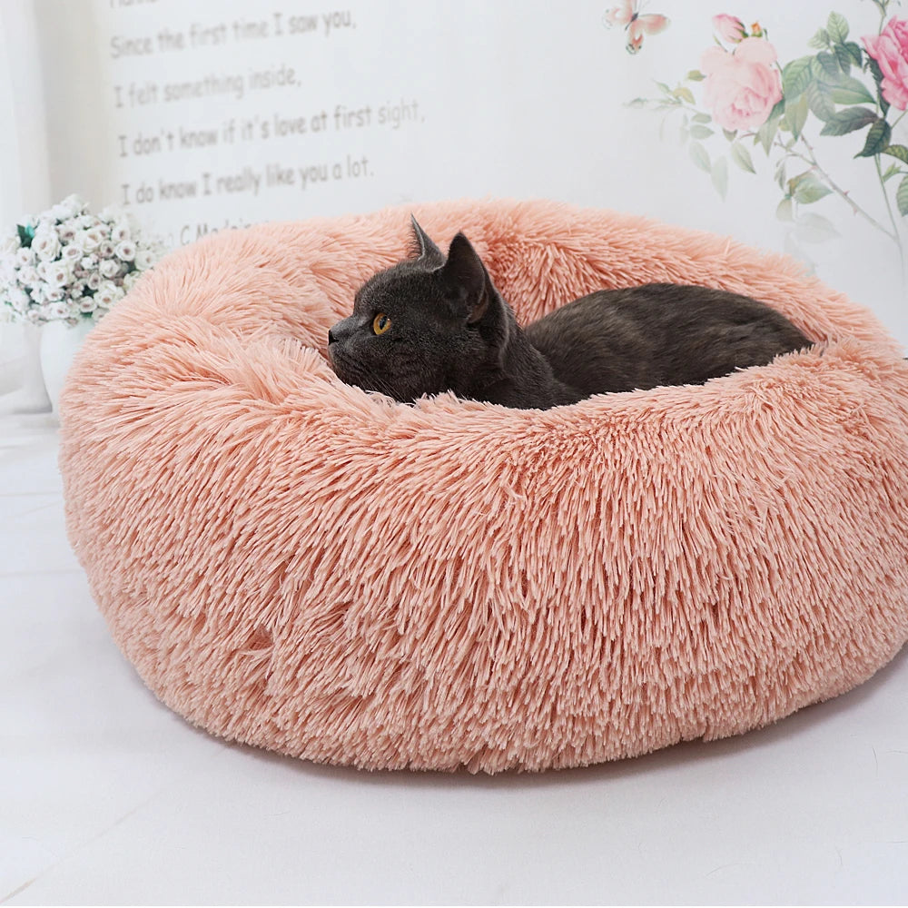 Lit pour chat en peluche long et rond, niche d'hiver douce et chaude pour chiots, 50/60/70 cm