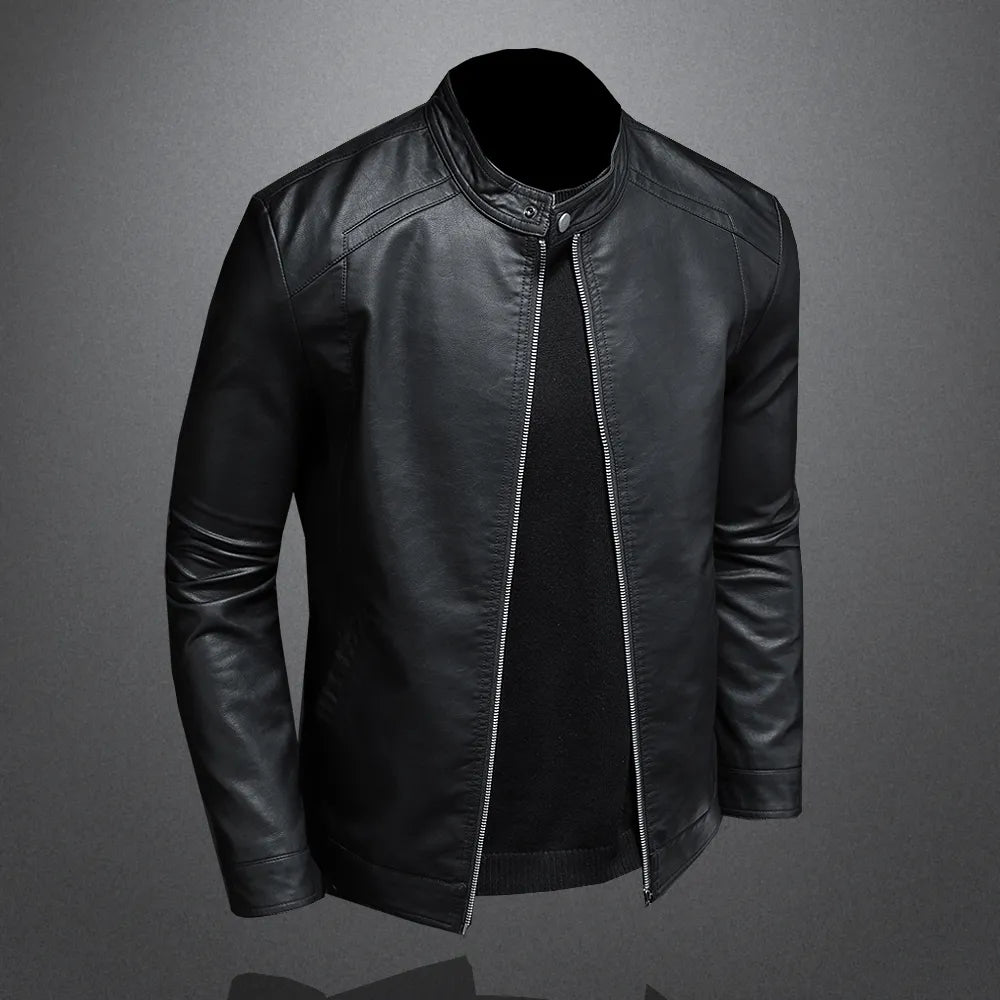 Veste en cuir printemps-automne pour homme, col montant