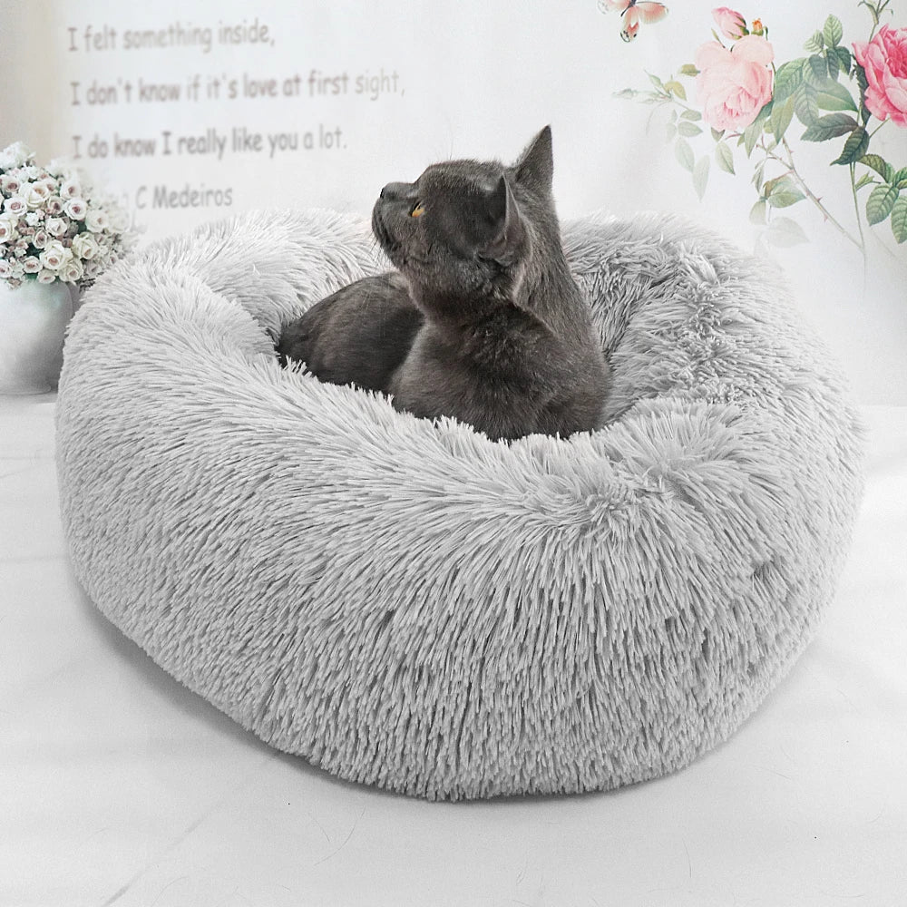 Lit pour chat en peluche long et rond, niche d'hiver douce et chaude pour chiots, 50/60/70 cm