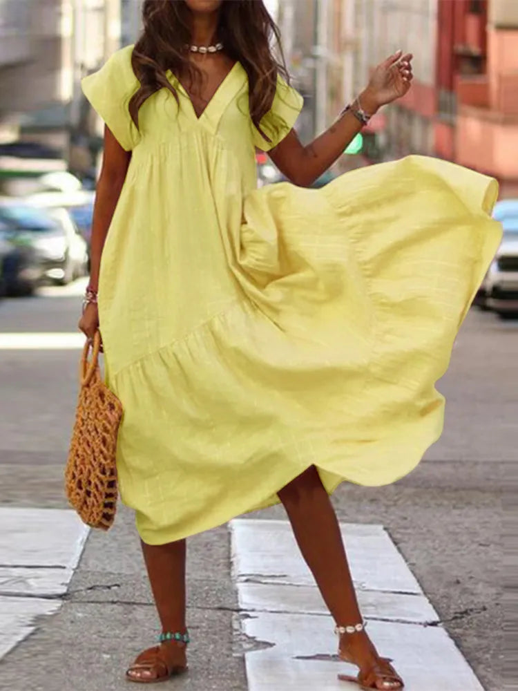 Women's Bohemian Summer Dress V Neck Ruffle Midi Asymmetrical Dress