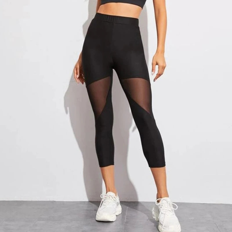 Women's Patchwork Mesh Leggings, Jeggings, Elastic Pants, Capris