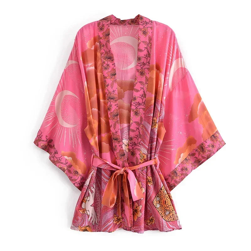 Robe kimono bohème à manches chauve-souris et imprimé floral pour femme, col en V