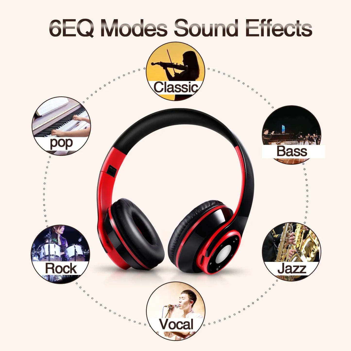 Casque audio Bluetooth sans fil, écouteurs avec carte SD et micro, autonomie de 20 heures
