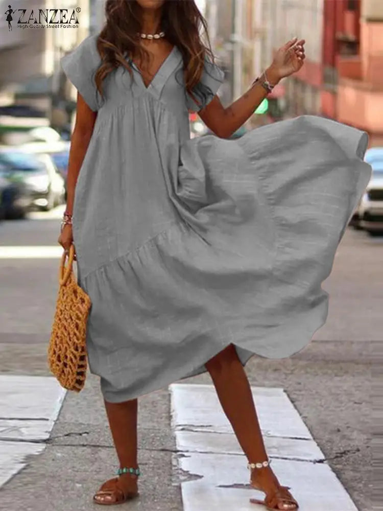 Women's Bohemian Summer Dress V Neck Ruffle Midi Asymmetrical Dress