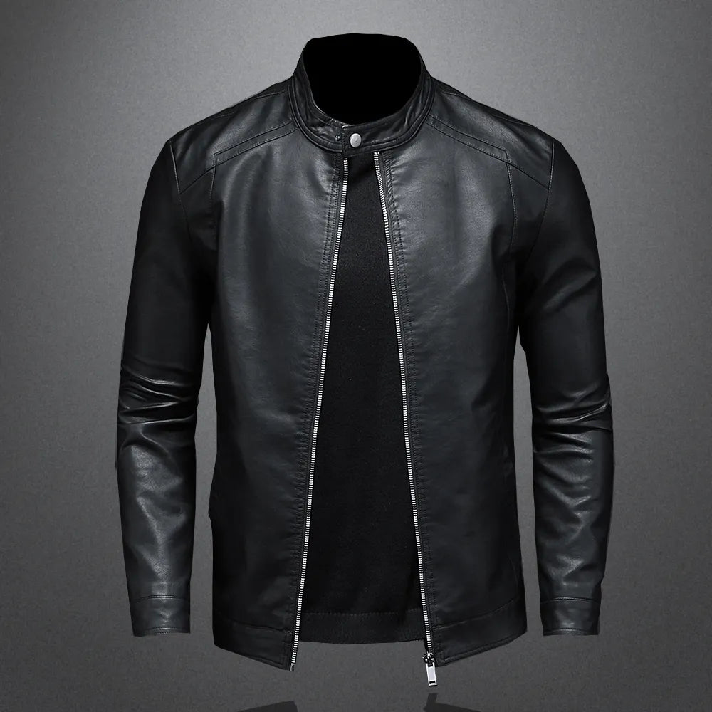 Veste en cuir printemps-automne pour homme, col montant