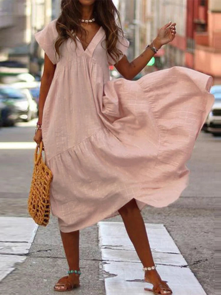 Women's Bohemian Summer Dress V Neck Ruffle Midi Asymmetrical Dress