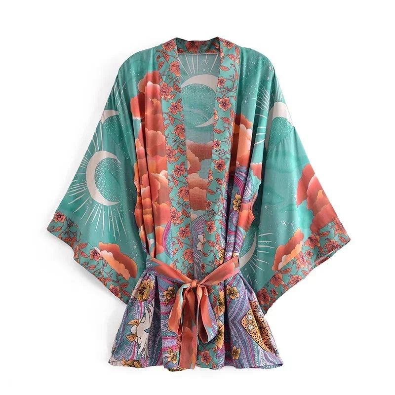 Robe kimono bohème à manches chauve-souris et imprimé floral pour femme, col en V