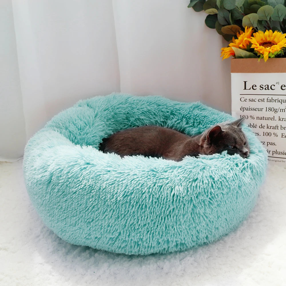 Lit pour chat en peluche long et rond, niche d'hiver douce et chaude pour chiots, 50/60/70 cm