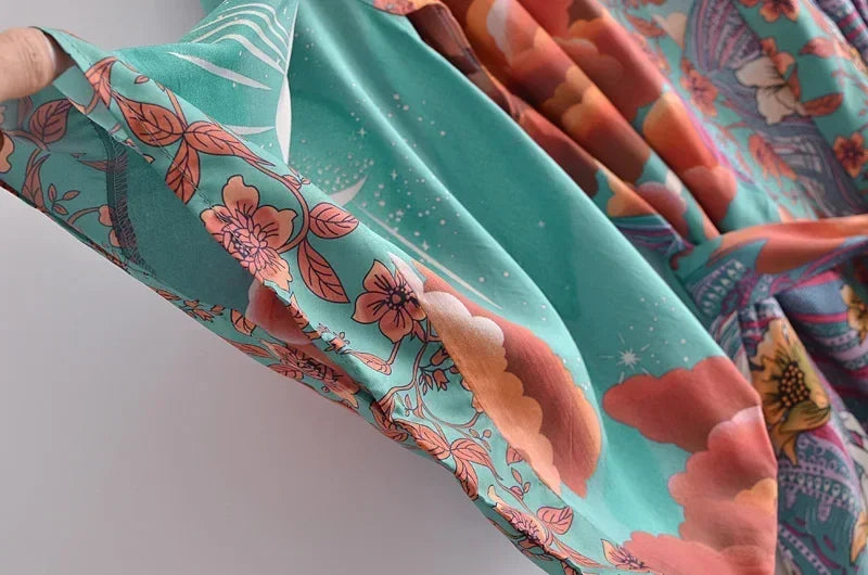 Robe kimono bohème à manches chauve-souris et imprimé floral pour femme, col en V