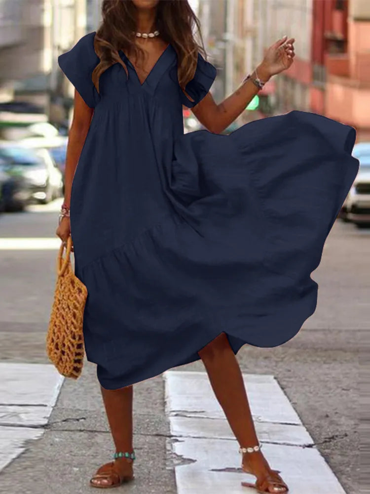 Women's Bohemian Summer Dress V Neck Ruffle Midi Asymmetrical Dress