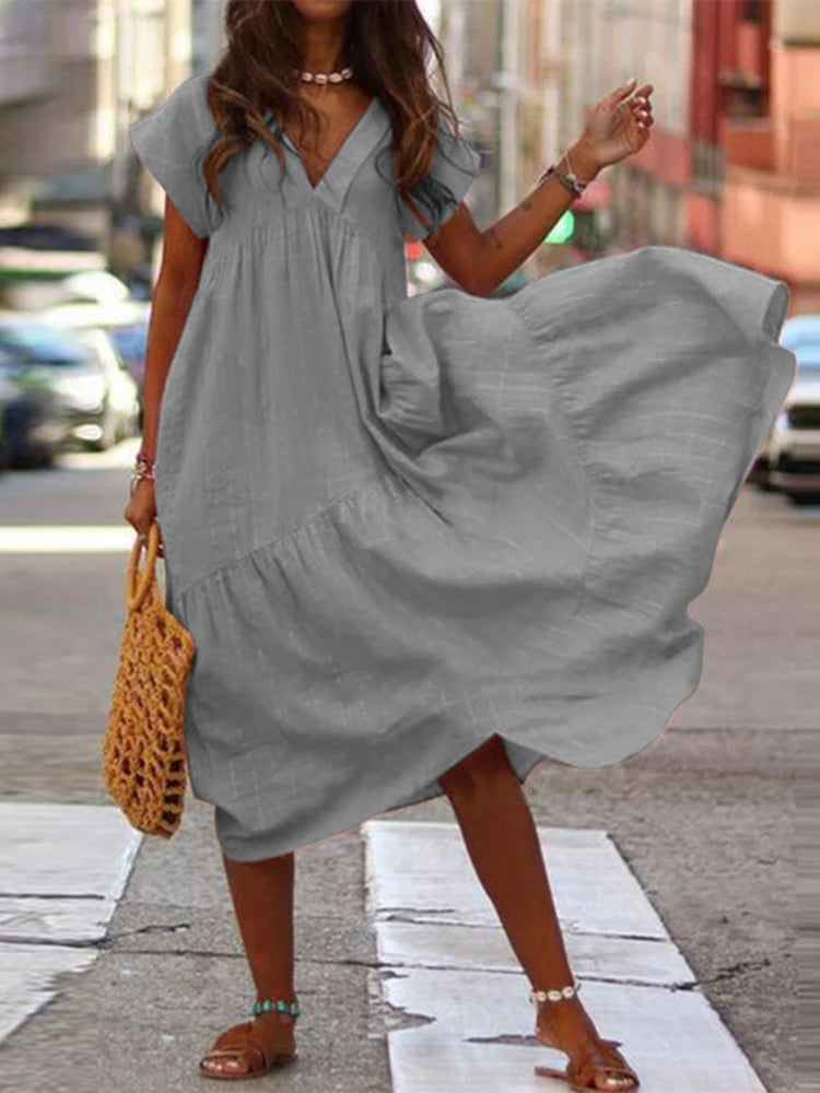 Women's Bohemian Summer Dress V Neck Ruffle Midi Asymmetrical Dress