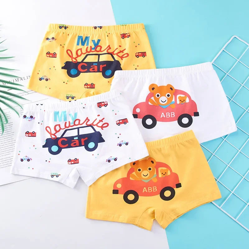 Lot de 4 sous-vêtements pour enfants, shorts en coton, motif dessin animé, voiture, pingouin, lot de 4 pièces