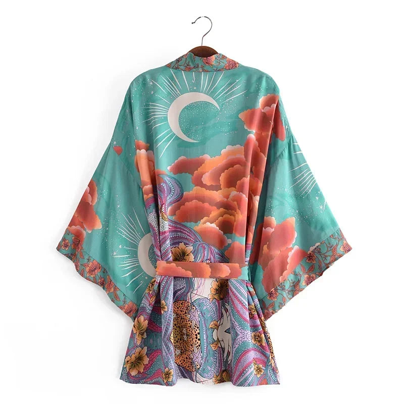 Robe kimono bohème à manches chauve-souris et imprimé floral pour femme, col en V