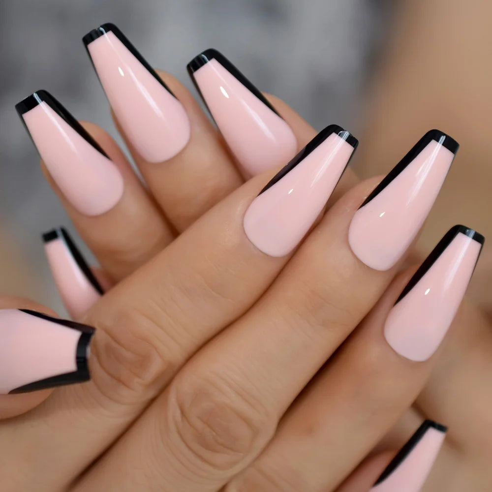 Faux ongles cercueil gris à coller, mi-longs, avec motifs